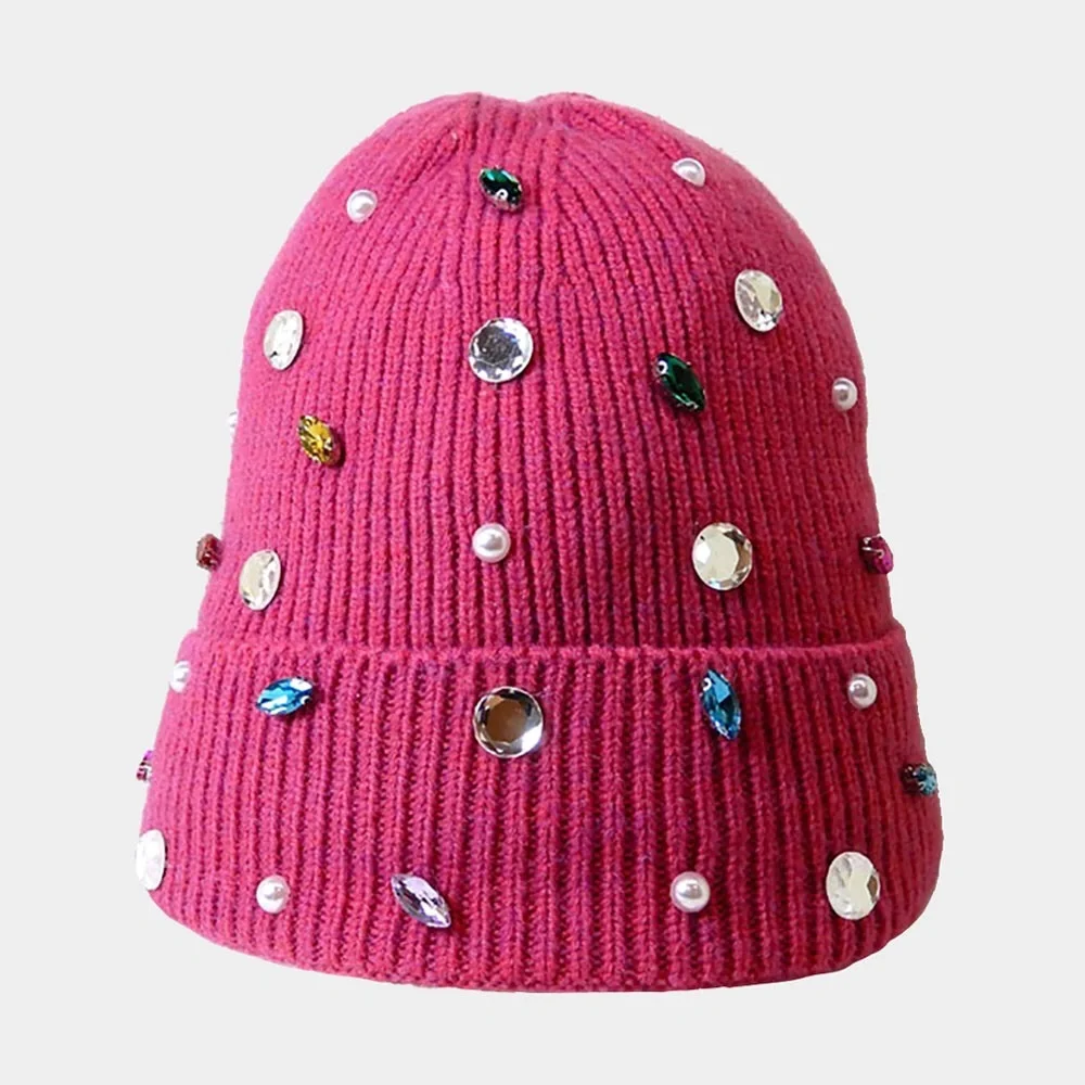 Rhinestone & Pearl Jewel Embellished Fleece Lining Knit Beanie Hat